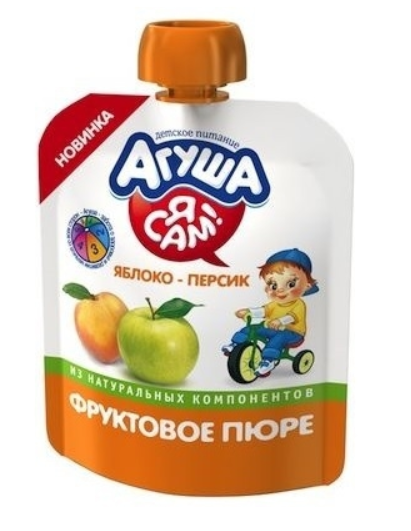 картинка АГУША, ПЮРЕ "Яблоко-персик" с 6 мес. (90 г) "Я сам!" ПАУЧ от магазина Радуга детства