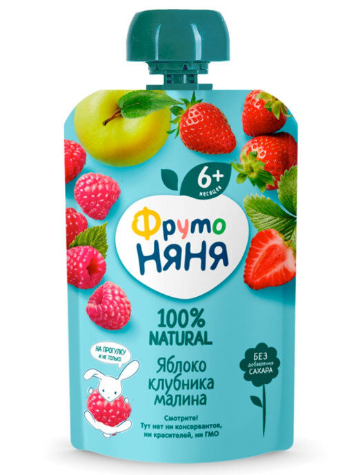 картинка ФРУТОНЯНЯ, ПАУЧ десерт яблоко/малина/клубника. (90 г) от магазина Радуга детства