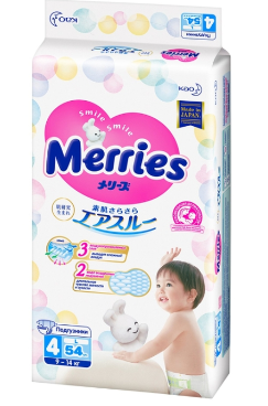 картинка MERRIES, ПОДГУЗНИКИ размер L, 9-14 кг (54 шт) от магазина Радуга детства