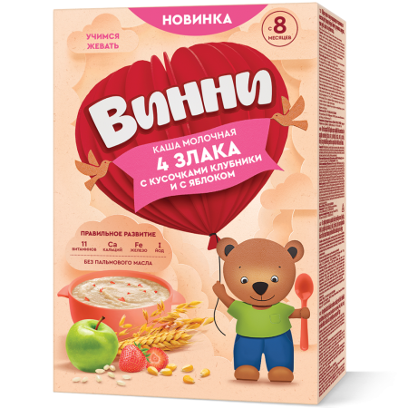 картинка ВИННИ, КАША мол. "4 злака клубника/яблоко"  (200 г) от магазина Радуга детства