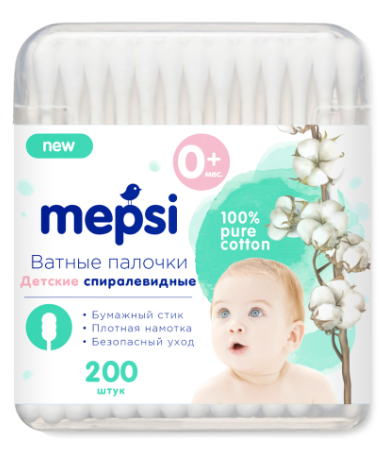 картинка MEPSI, ПАЛОЧКИ ватные с спиралевидные 200 шт от магазина Радуга детства