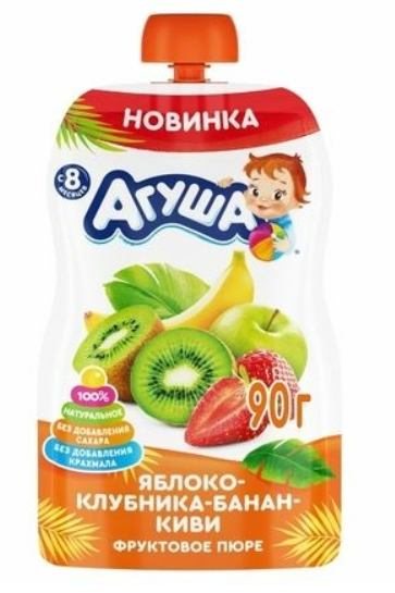 картинка АГУША, ПЮРЕ "Яблоко-банан-клубника-киви" (90 г) "Я сам!" ПАУЧ от магазина Радуга детства