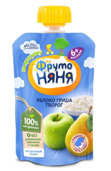 картинка ФРУТОНЯНЯ, ПАУЧ пюре яблоко-груша-творог  (90 г) от магазина Радуга детства