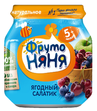 картинка ФРУТОНЯНЯ, ПЮРЕ "ягодный салатик" (яблоко-черника-вишня), (100 г) от магазина Радуга детства
