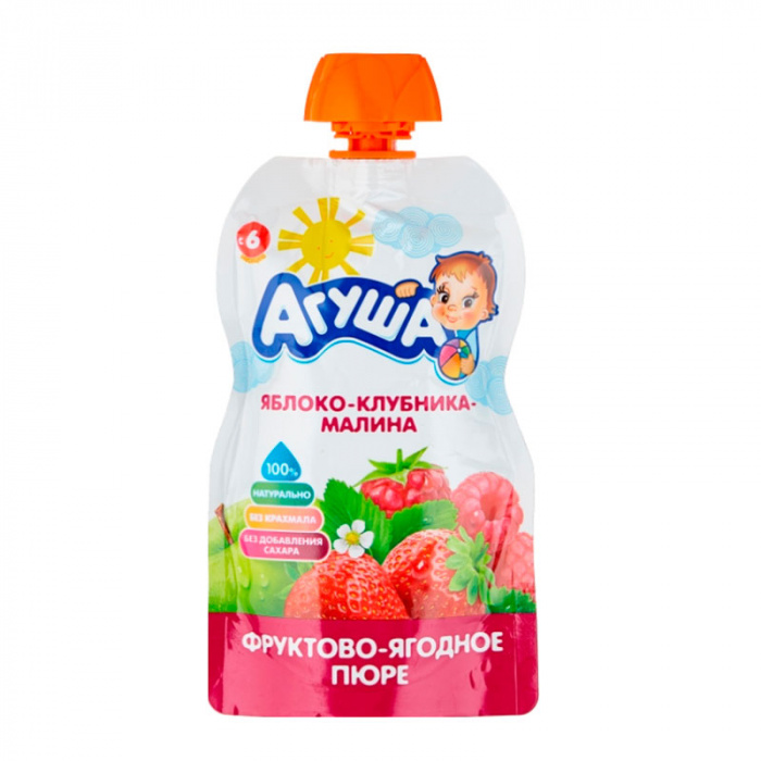 картинка АГУША, ПЮРЕ "Яблоко-клубника-малина" с 6 мес. (90 г)  от магазина Радуга детства