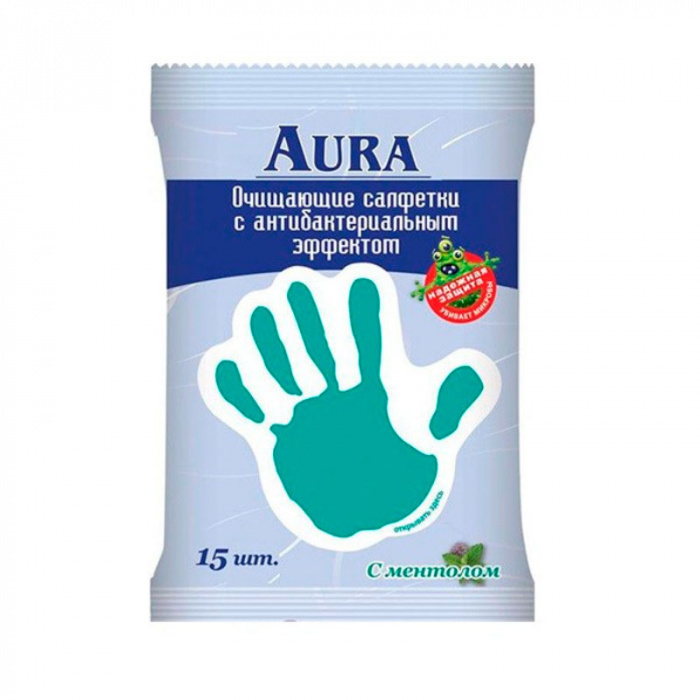картинка AURA, САЛФЕТКИ влажные антибактериальные "Ментол" (15 шт) от магазина Радуга детства